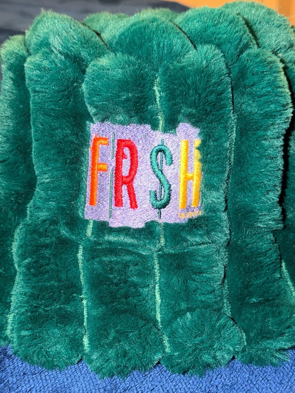 Green Plush Bucket Hat with 'FR$H' Embroidery